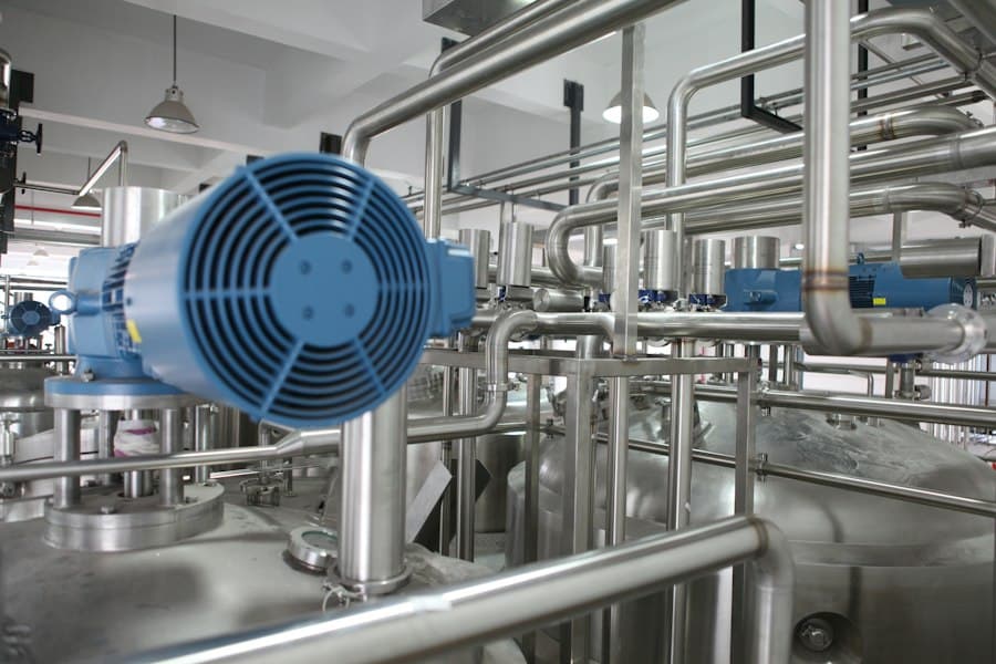 Blue industrial equipment in a bright, clean facility